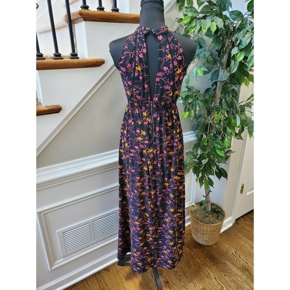 Black Floral Women's Cotton Halter Neck Pleated Sleeveless Long Maxi Dress S - Picture 7 of 15